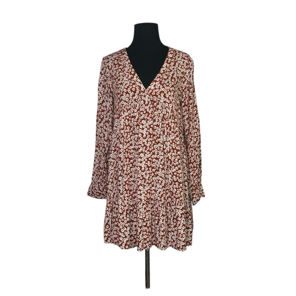 Flawless brown white floral long sleeveless tier mini dress size small
